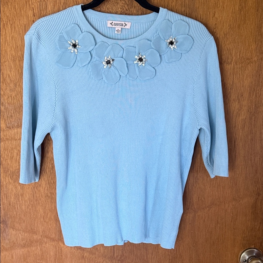 🍁Nanette Lepore Baby Blue Embellished Floral Crewneck Sweater